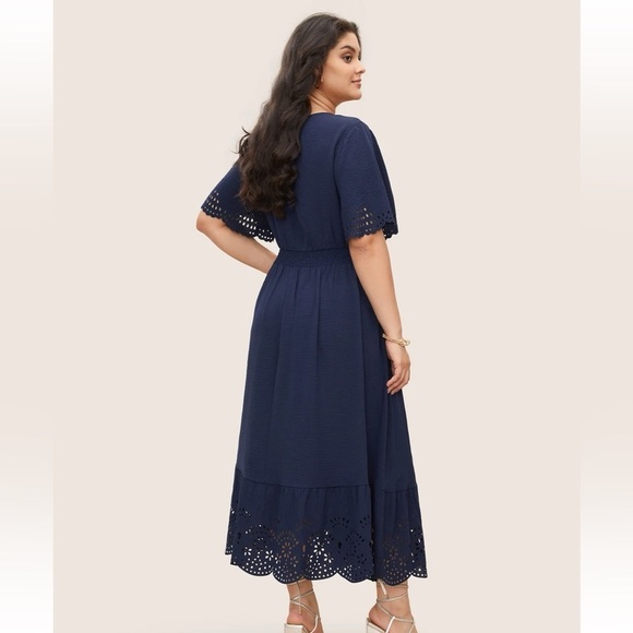 BloomChic Solid Laser Cut Shirred Pocket Wrap Scalloped Trim Flutter Dress - Picture 3 of 7